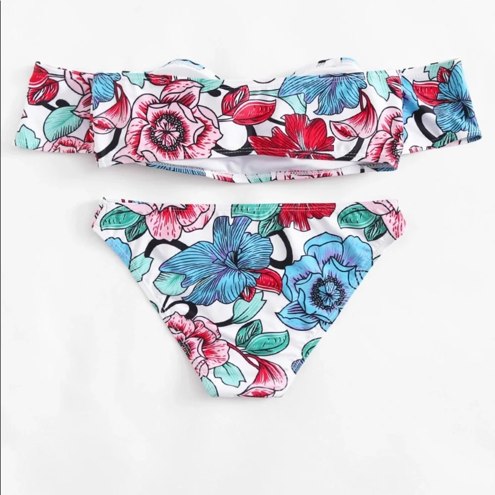🆕Floral off shoulder strapless bikini set